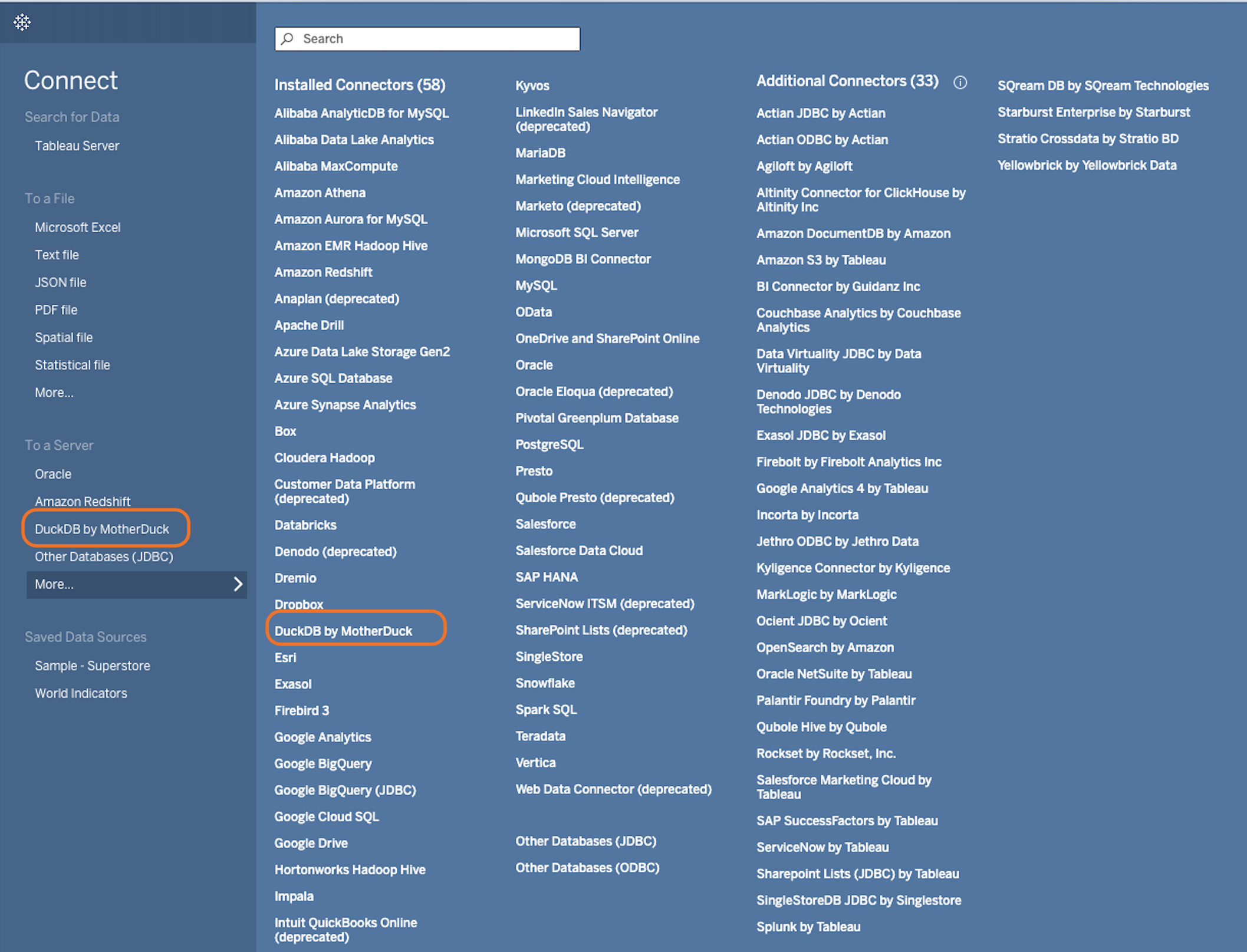 Tableau connector list